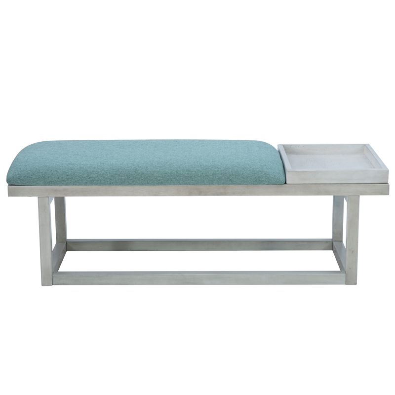 Pemberly Row Wood Aqua Upholstered Bench w/ Removable Storage Tray in Whitewash