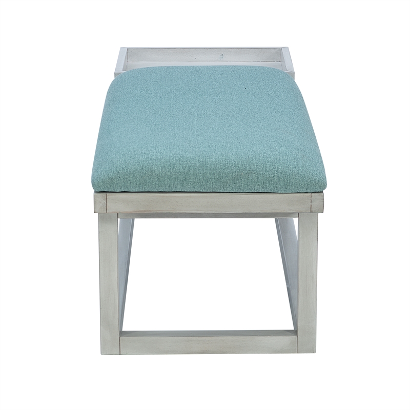 Pemberly Row Wood Aqua Upholstered Bench w/ Removable Storage Tray in Whitewash