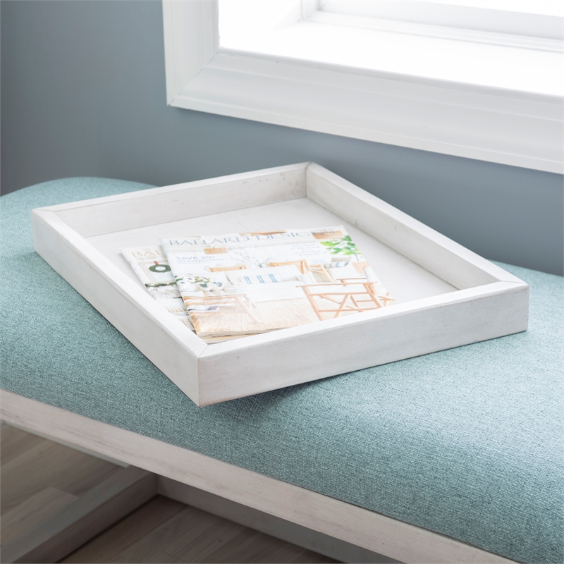 Pemberly Row Wood Aqua Upholstered Bench w/ Removable Storage Tray in Whitewash