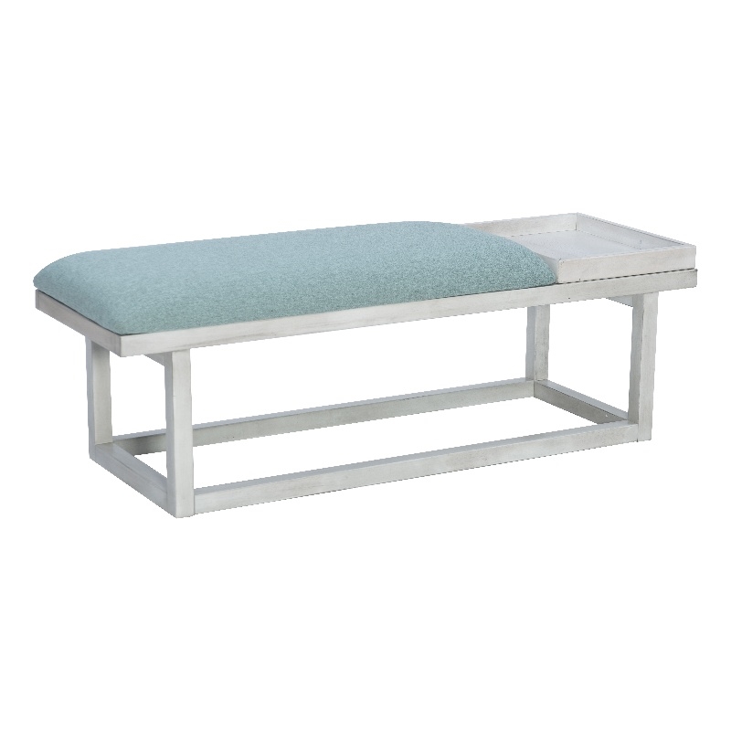 Pemberly Row Wood Aqua Upholstered Bench w/ Removable Storage Tray in Whitewash