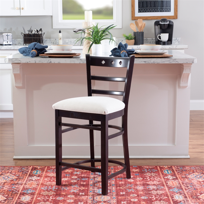 Pemberly Row Beechwood Set of 2 Padded Seat Ladder Back Counter Stools in Black
