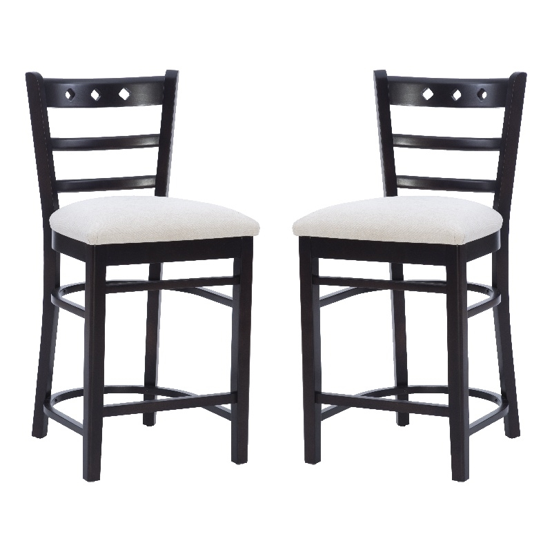 Pemberly Row Beechwood Set of 2 Padded Seat Ladder Back Counter Stools in Black