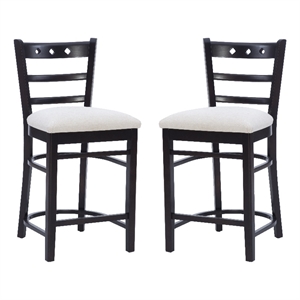 Pemberly Row Beechwood Set of 2 Padded Seat Ladder Back Counter Stools in Black