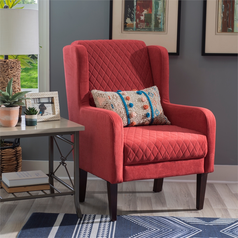 Pemberly Row Upholstered Wingback Accent Chair with Quilted Back & Seat in Rust