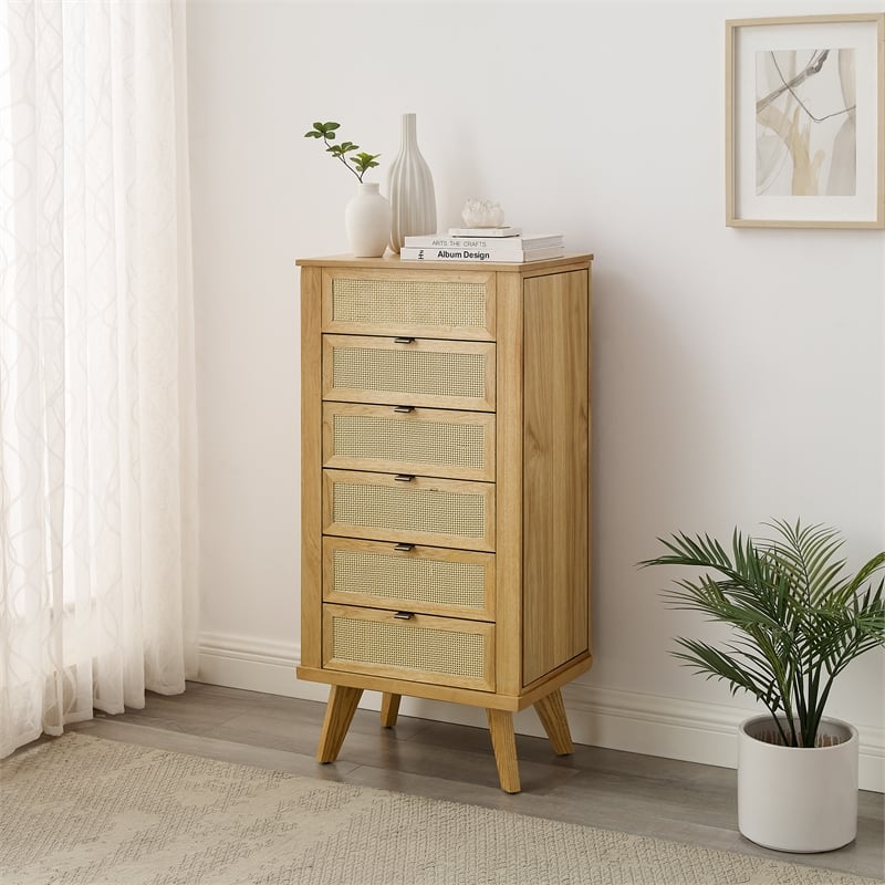 Pemberly Row 5-Drawer Wood & Cane Jewelry Armoire with Flip Top in Natural Brown