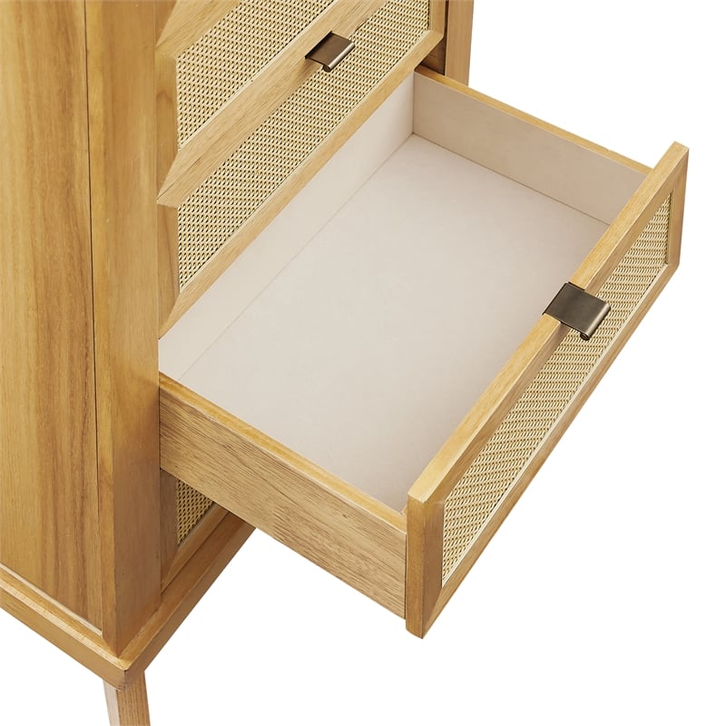 Pemberly Row 5-Drawer Wood & Cane Jewelry Armoire with Flip Top in Natural Brown