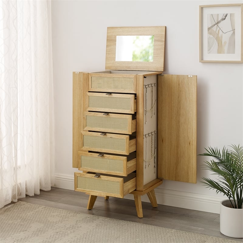 Pemberly Row 5-Drawer Wood & Cane Jewelry Armoire with Flip Top in Natural Brown