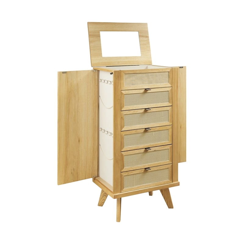 Pemberly Row 5-Drawer Wood & Cane Jewelry Armoire with Flip Top in Natural Brown
