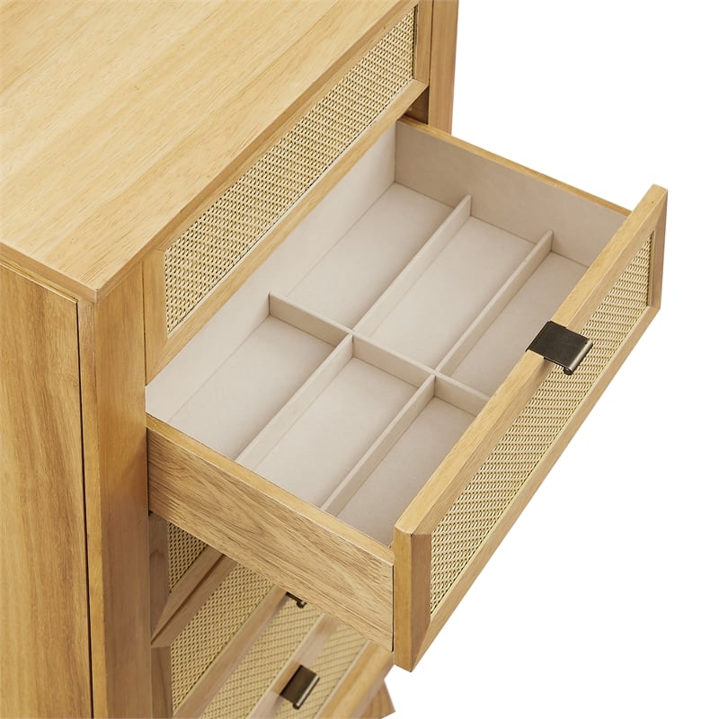 Pemberly Row 5-Drawer Wood & Cane Jewelry Armoire with Flip Top in Natural Brown