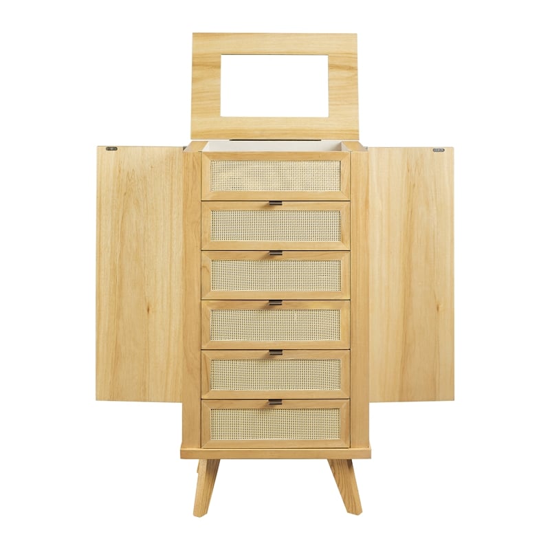 Pemberly Row 5-Drawer Wood & Cane Jewelry Armoire with Flip Top in Natural Brown