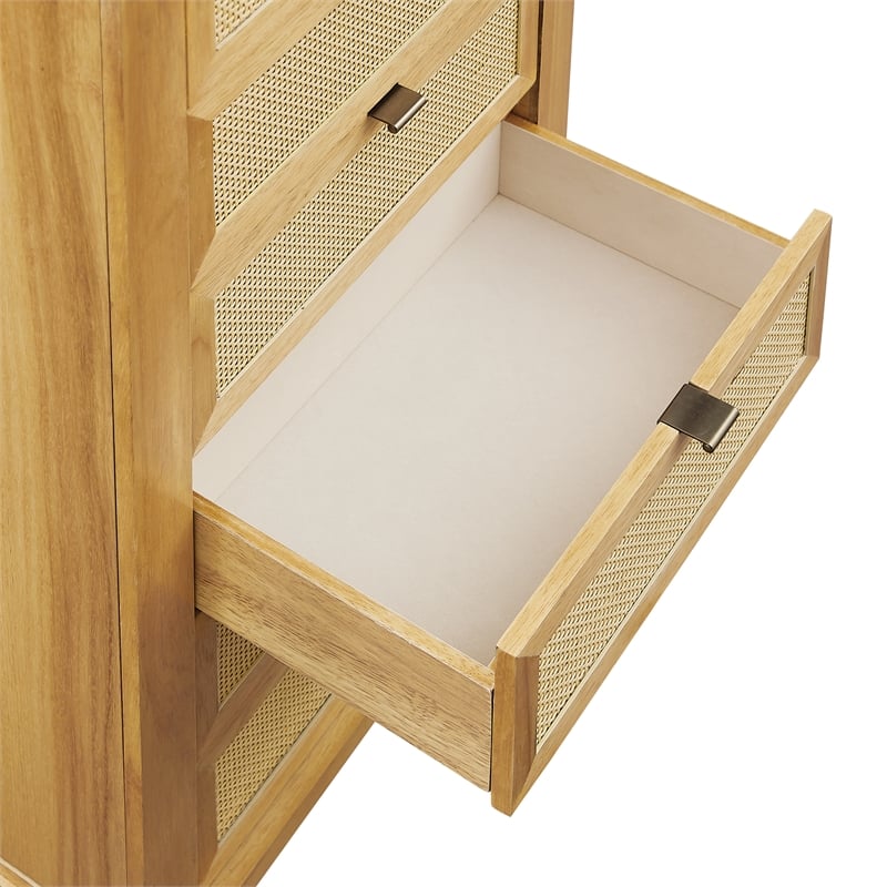 Pemberly Row 5-Drawer Wood & Cane Jewelry Armoire with Flip Top in Natural Brown
