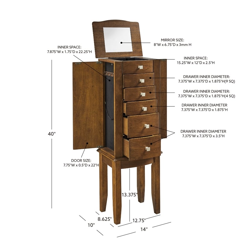 Pemberly Row 6-Drawer Wood Jewelry Armoire with Flip Top in Classic Walnut Brown