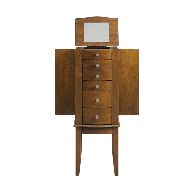 Pemberly Row 6-Drawer Wood Jewelry Armoire with Flip Top in Classic Walnut Brown