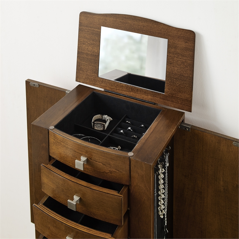 Pemberly Row 6-Drawer Wood Jewelry Armoire with Flip Top in Classic Walnut Brown