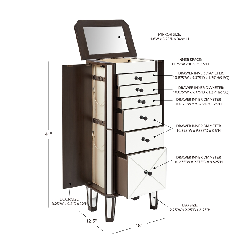 Pemberly Row 6-Drawer Wood Jewelry Armoire with Flip Top in Walnut Brown/Cream