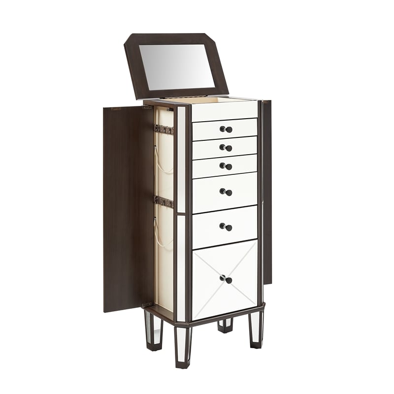 Pemberly Row 6-Drawer Wood Jewelry Armoire with Flip Top in Walnut Brown/Cream