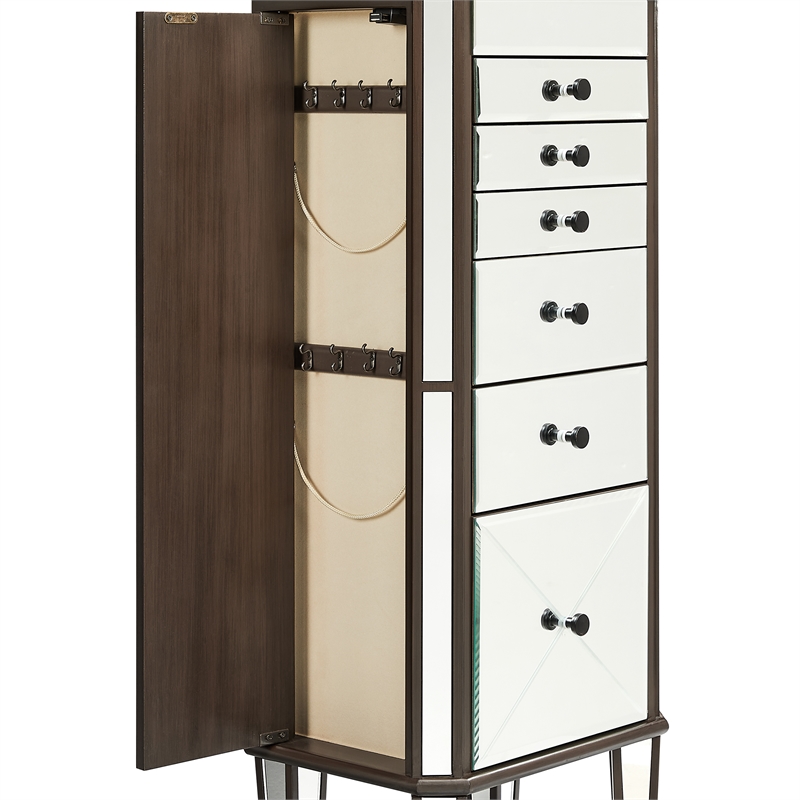 Pemberly Row 6-Drawer Wood Jewelry Armoire with Flip Top in Walnut Brown/Cream