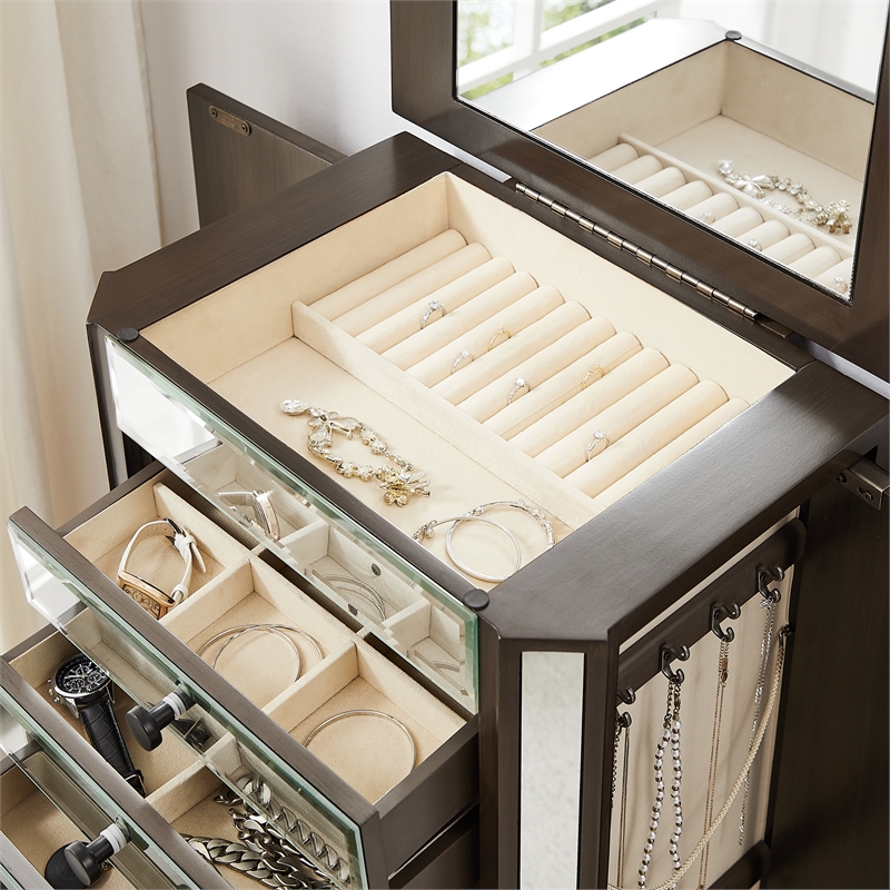 Pemberly Row 6-Drawer Wood Jewelry Armoire with Flip Top in Walnut Brown/Cream