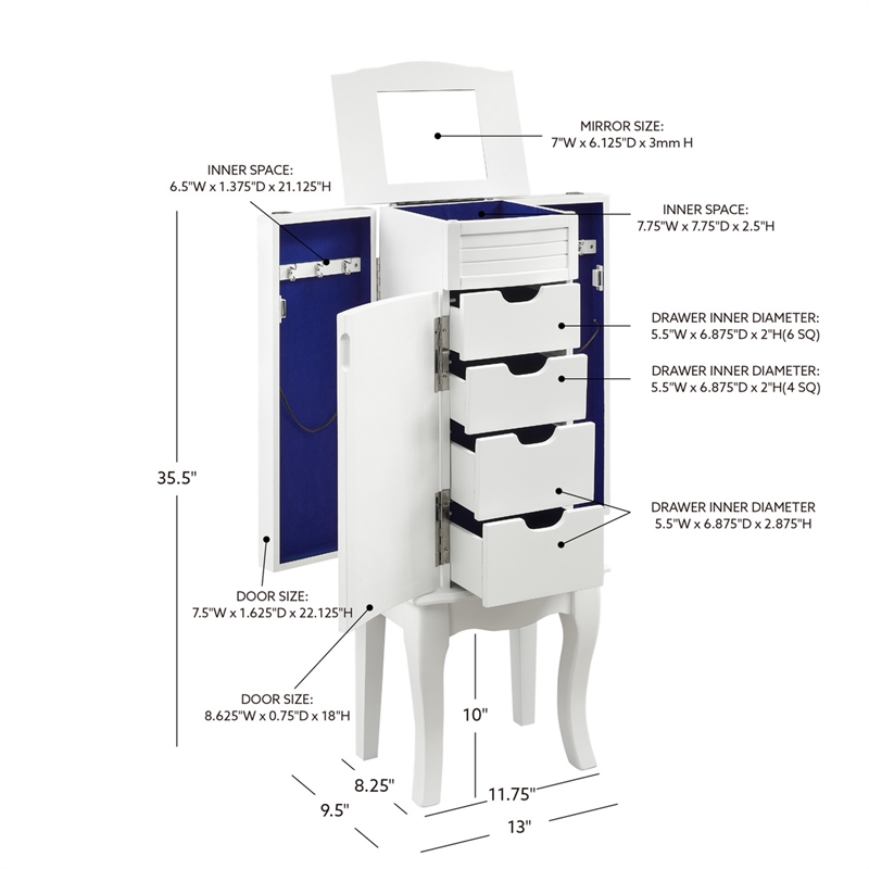 Pemberly Row 4-Drawer Wood Jewelry Armoire with Flip Top in White/Blue