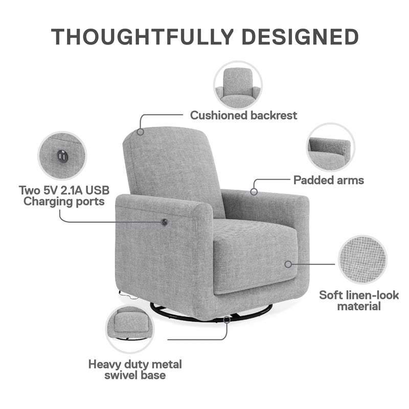 Pemberly Row Swivel Accent Chair with USB Charger in Light Gray Linen