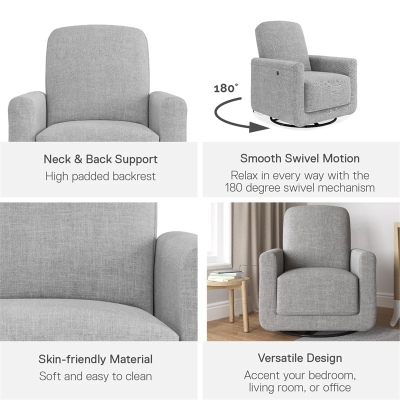 Pemberly Row Swivel Accent Chair with USB Charger in Light Gray Linen