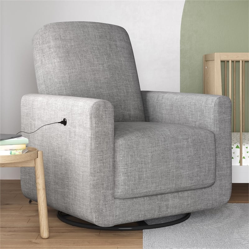 Pemberly Row Swivel Accent Chair with USB Charger in Light Gray Linen
