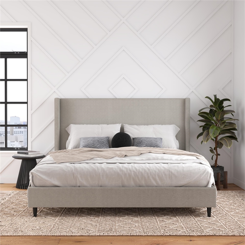 Pemberly Row Upholstered Platform Bed Frame - King in Textured Gray Canvas