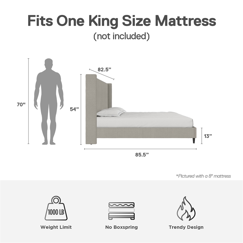Pemberly Row Upholstered Platform Bed Frame - King in Textured Gray Canvas