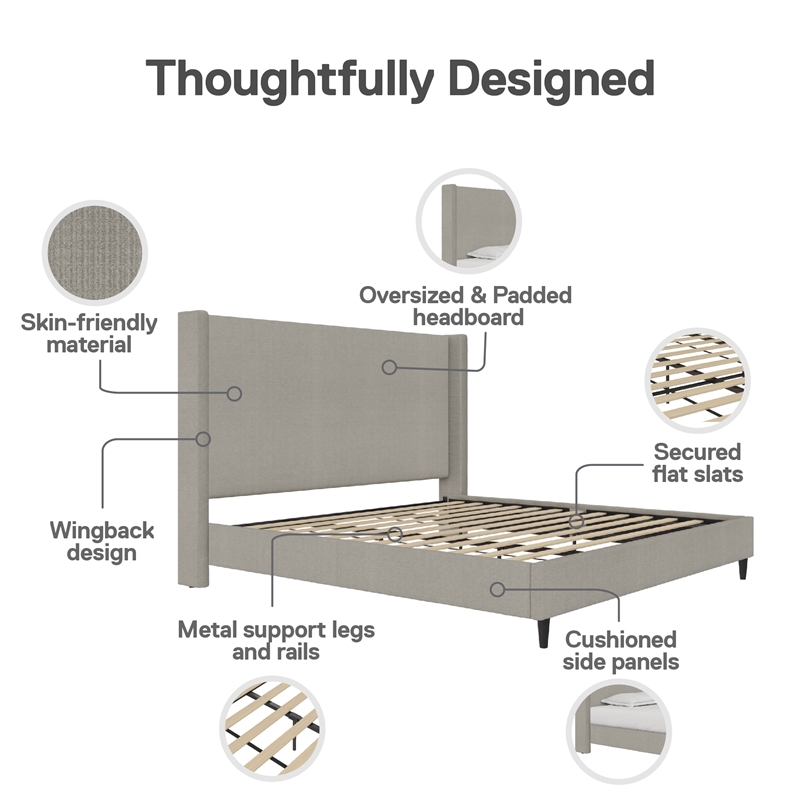 Pemberly Row Upholstered Platform Bed Frame - King in Textured Gray Canvas