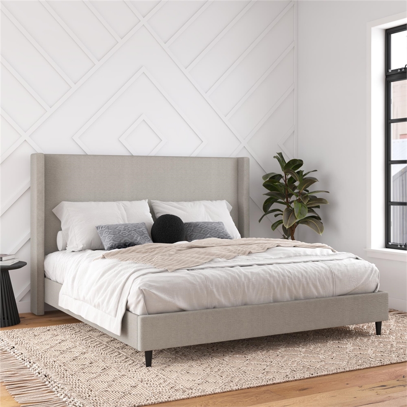 Pemberly Row Upholstered Platform Bed Frame - King in Textured Gray Canvas