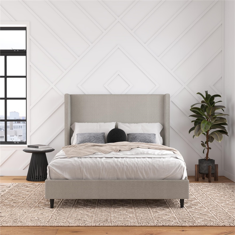 Pemberly Row Upholstered Platform Bed Frame - Queen in Textured Gray Canvas