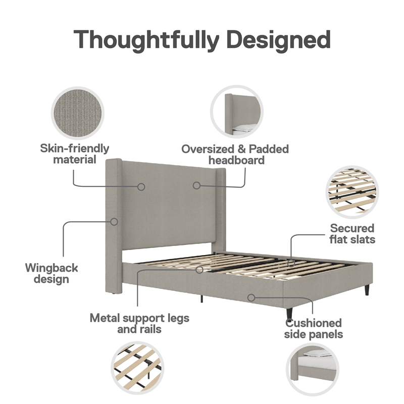 Pemberly Row Upholstered Platform Bed Frame - Queen in Textured Gray Canvas