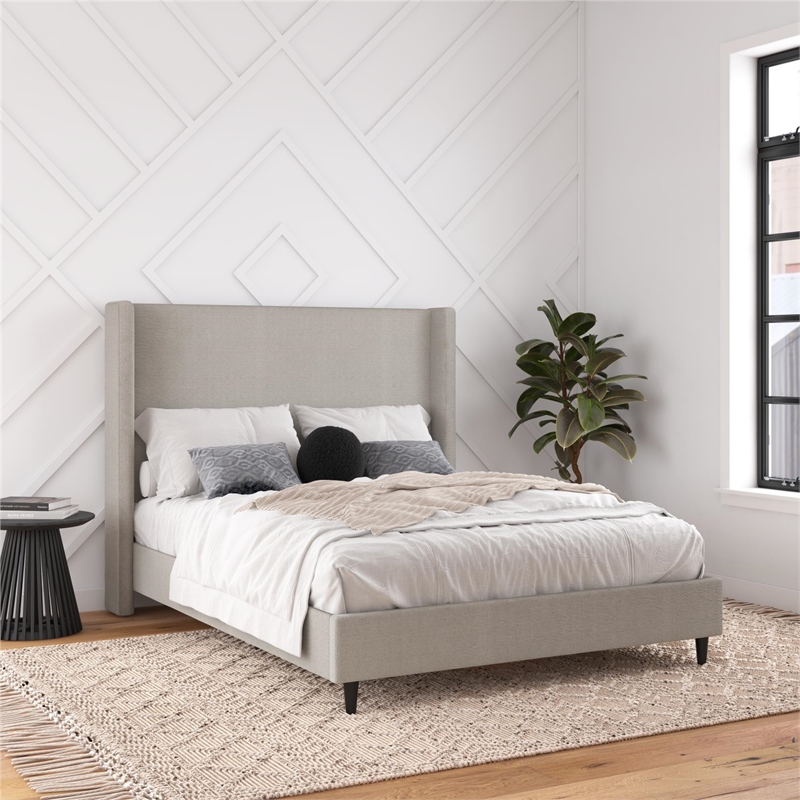 Pemberly Row Upholstered Platform Bed Frame - Queen in Textured Gray Canvas