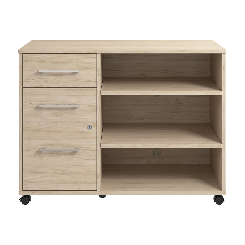 Pemberly Row Office Storage Cabinet with Wheels in Natural Elm - Engineered Wood