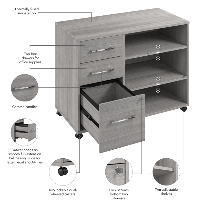 Pemberly Row Office Storage Cabinet w/ Wheels in Platinum Gray - Engineered Wood