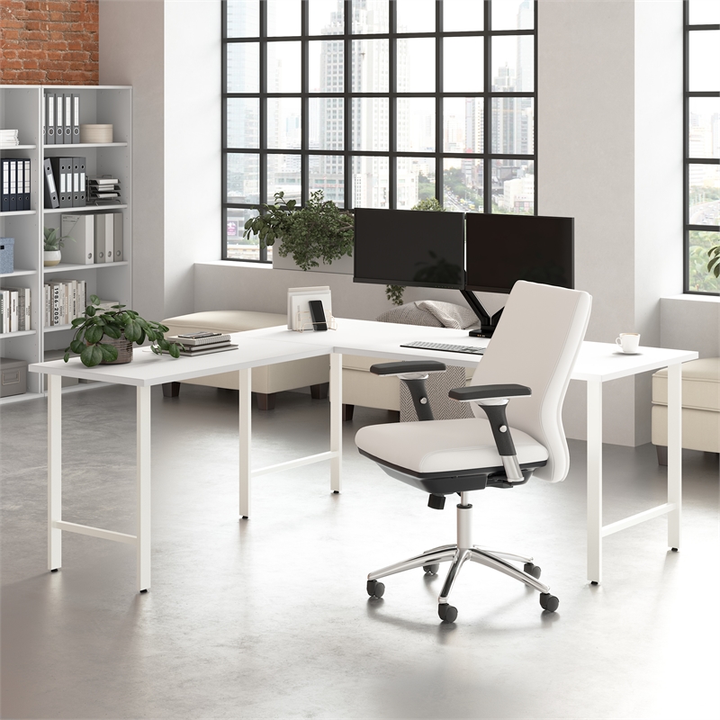 Pemberly Row 72W L Shaped Computer Desk w/ Metal Legs in White - Engineered Wood