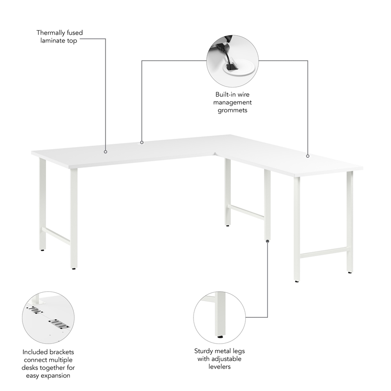 Pemberly Row 72W L Shaped Computer Desk w/ Metal Legs in White - Engineered Wood