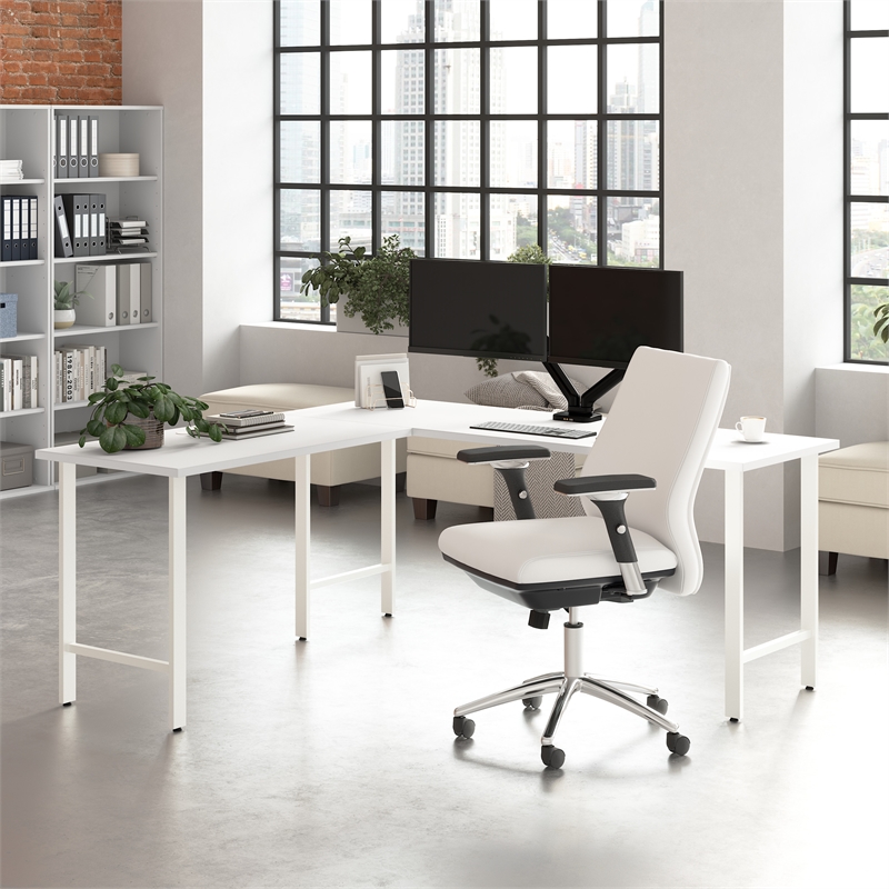 Pemberly Row 72W L Shaped Computer Desk w/ Metal Legs in White - Engineered Wood