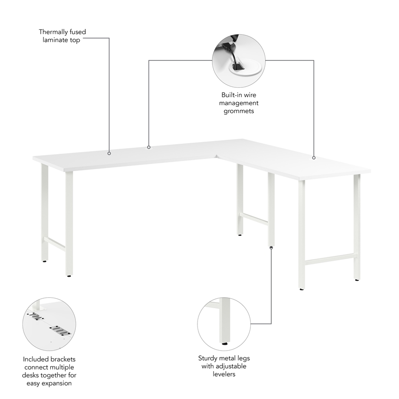 Pemberly Row 72W L Shaped Computer Desk w/ Metal Legs in White - Engineered Wood