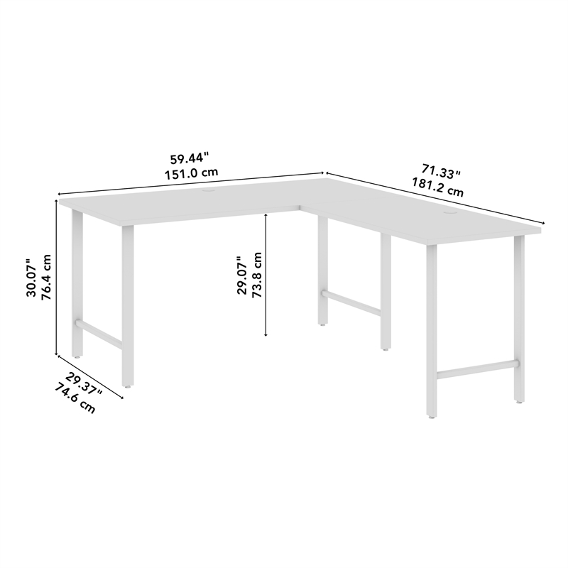 Pemberly Row 60W L Shaped Computer Desk w/ Metal Legs in White - Engineered Wood