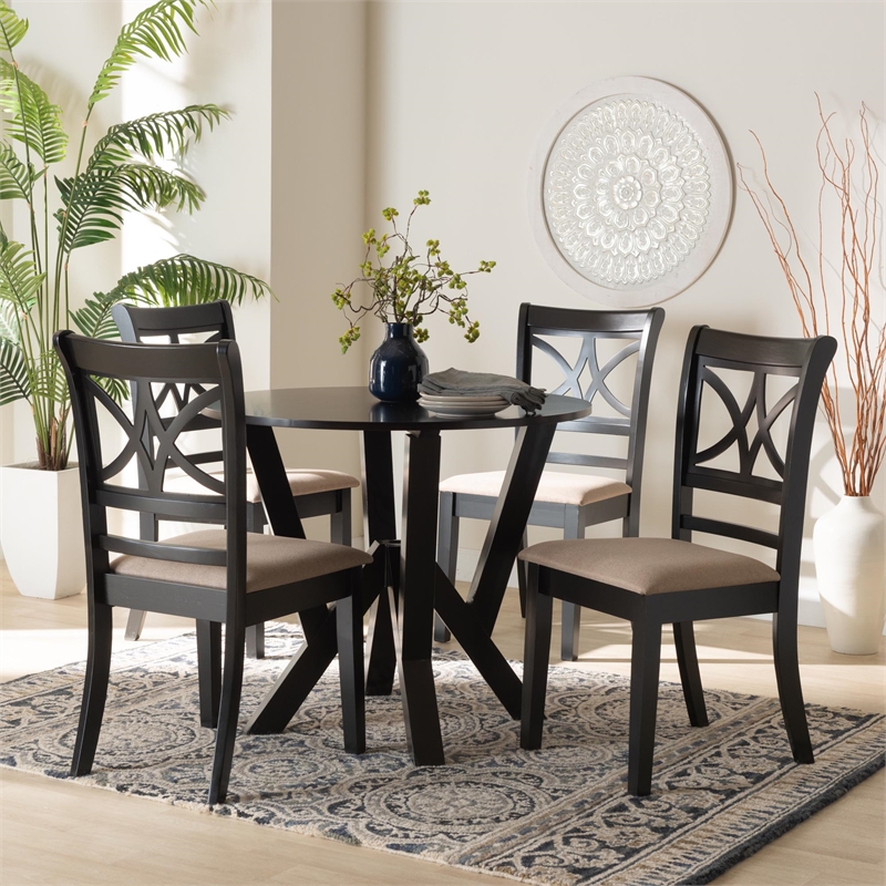 Pemberly Row 5-Piece Modern Fabric/Wood Dining Set in Beige/Dark Brown