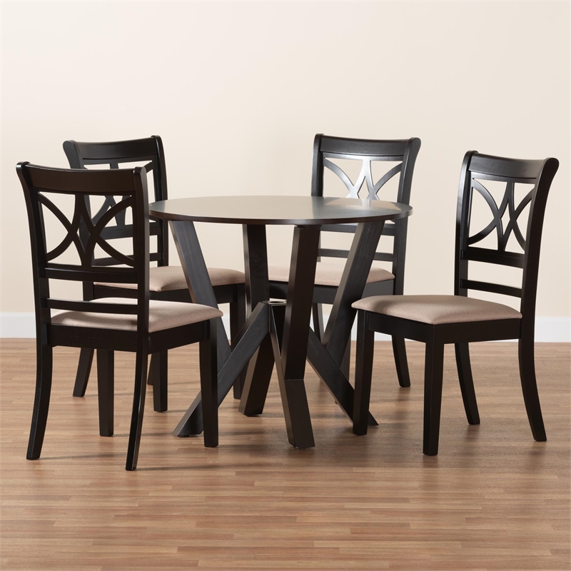 Pemberly Row 5-Piece Modern Fabric/Wood Dining Set in Beige/Dark Brown