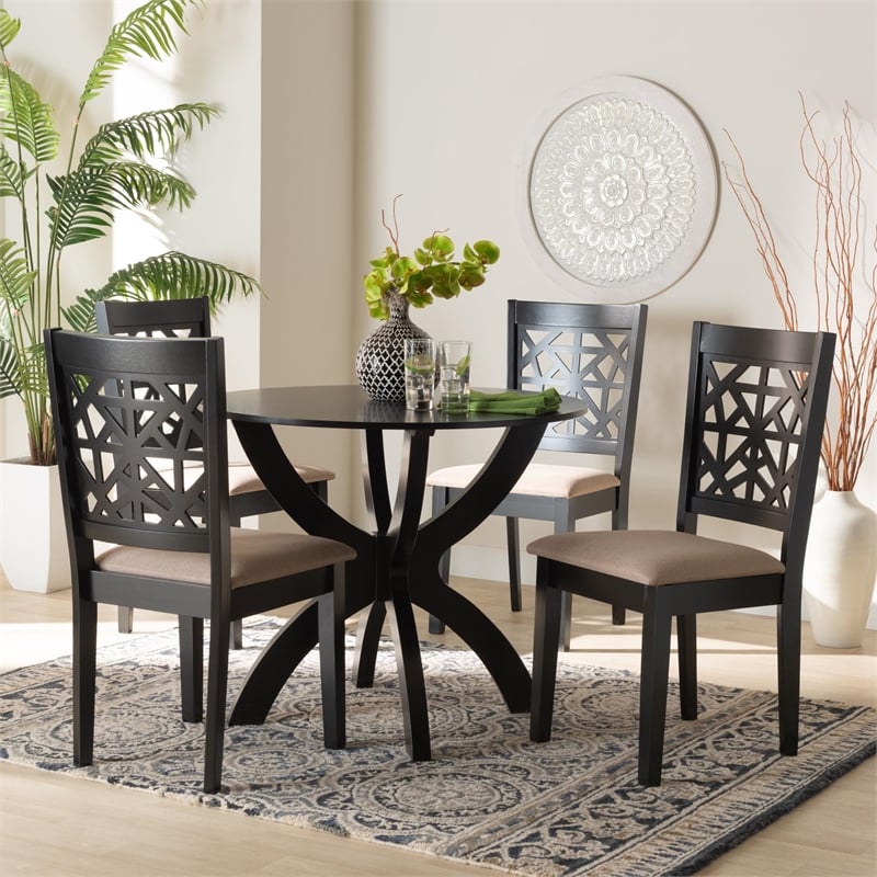 Pemberly Row 5-Piece Modern Fabric/Wood Dining Set in Dark Brown/Beige