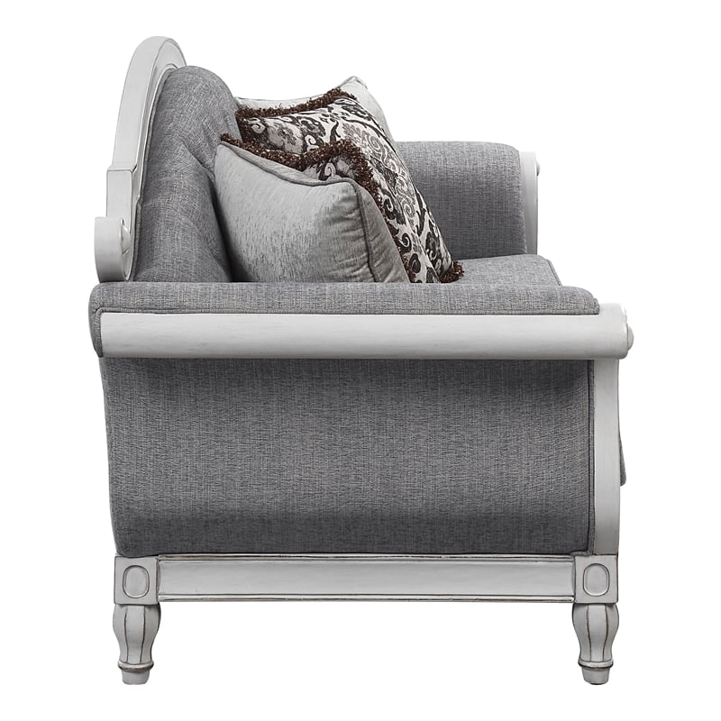 Pemberly Row Tufted Fabric Sofa with 4 Pillows in Gray/Antique White