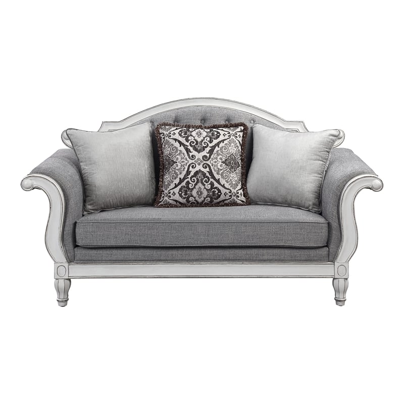 Pemberly Row Tufted Fabric Loveseat w/ 3 Pillows in Gray/Antique White