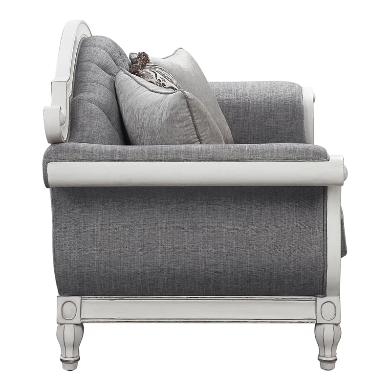 Pemberly Row Tufted Fabric Loveseat w/ 3 Pillows in Gray/Antique White
