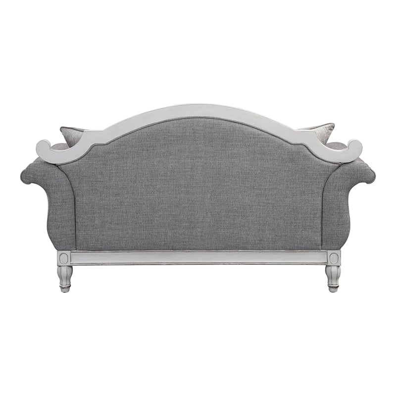 Pemberly Row Tufted Fabric Loveseat w/ 3 Pillows in Gray/Antique White