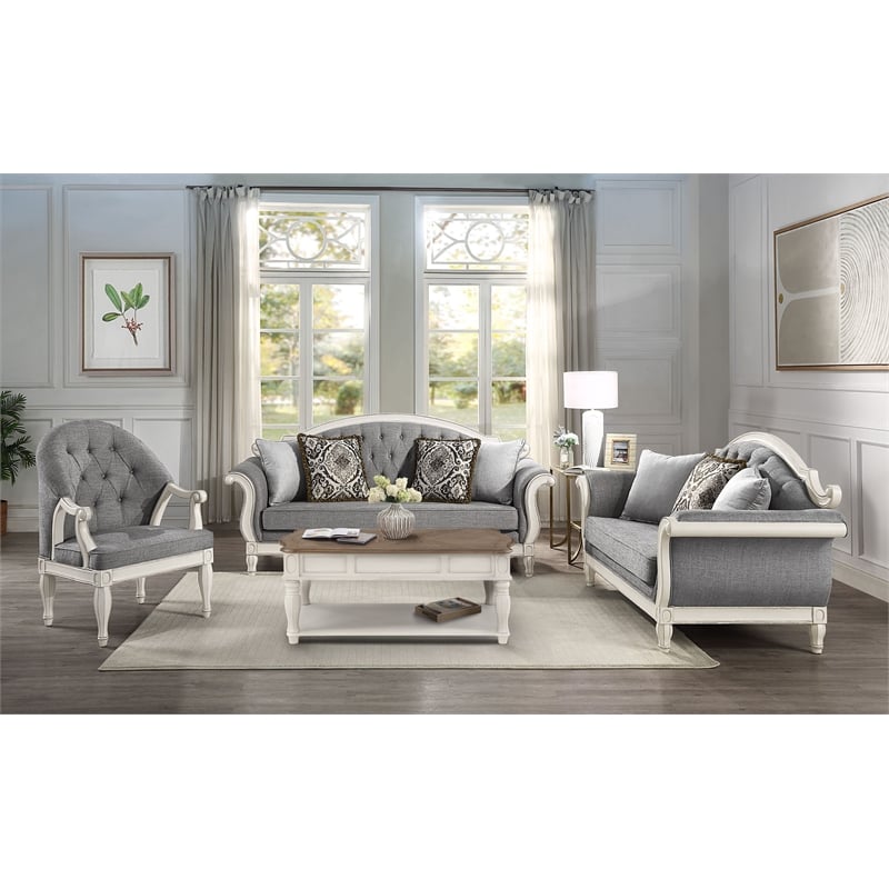 Pemberly Row Tufted Fabric Loveseat w/ 3 Pillows in Gray/Antique White