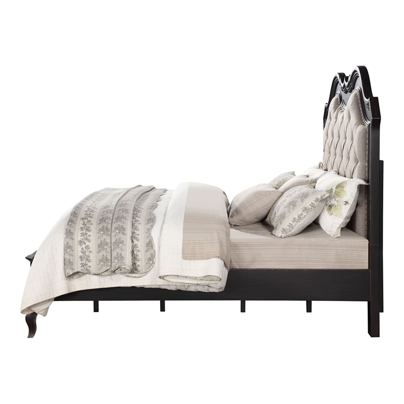 Pemberly Row Tufted Fabric & Wood California King Bed in Beige/Antique Black
