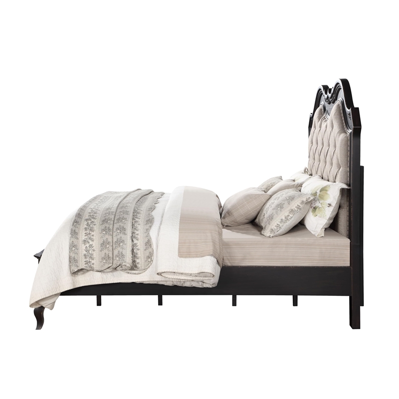 Pemberly Row Tufted Fabric & Wood Eastern King Bed in Beige/Antique Black